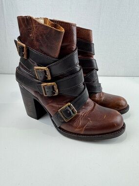 Freebird by Steven Hustl Brown Leather Ankle Boots with Black Strap Buckles
